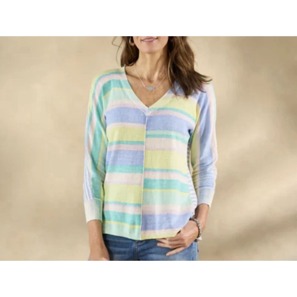 Sundance Women Size XS Johanna Striped Sweater V-Neck Lightweight Cotton Knit